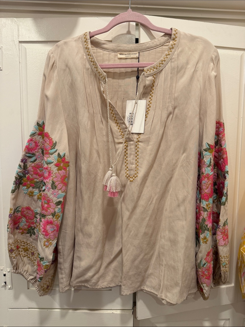 Spell Cleo Cream Peasant Top with Pink Floral Embroidered Sleeves